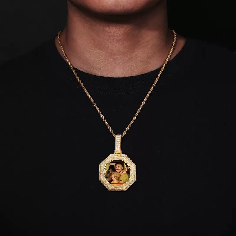 Rose Gold Custom Photo Bagua Pendant - 42mm - TONGSHOP / Color:White Gold / Length:16 / Length:18