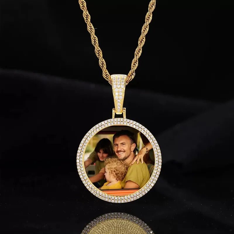 Rose Gold Custom Photo Double Row Micro - Pavé Round Pendant - 37mm - TONGSHOP / Color:White Gold / Length:16 / Length:18