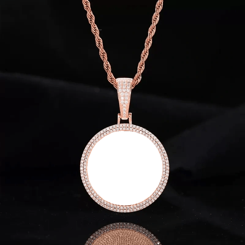 Rose Gold Custom Photo Double Row Micro - Pavé Round Pendant - 37mm - TONGSHOP / Color:White Gold / Length:16 / Length:18