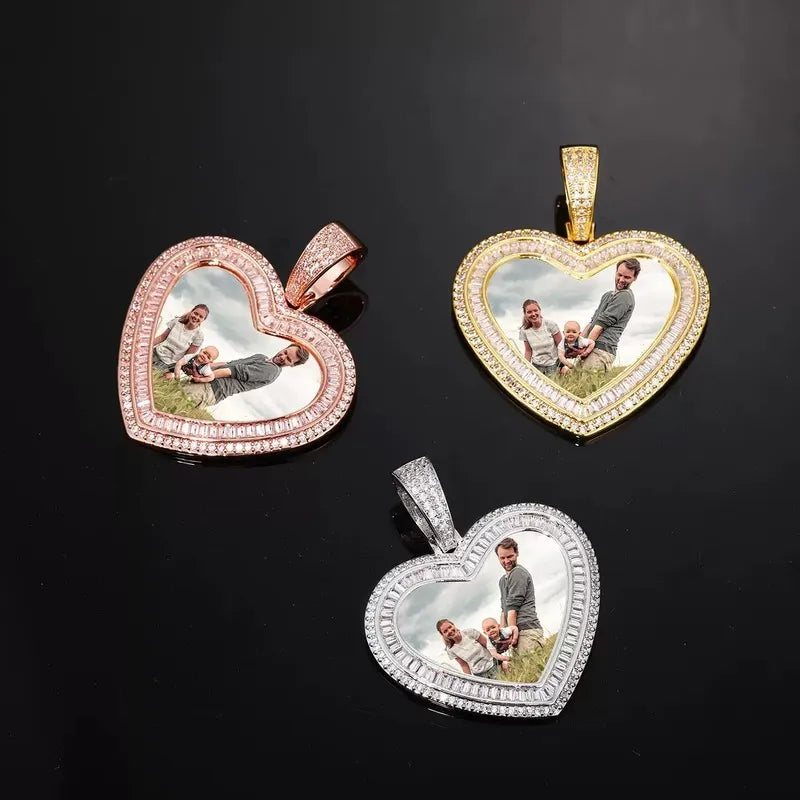 Rose Gold Custom Photo Heart T-Shaped Diamond Pendant - 42mm