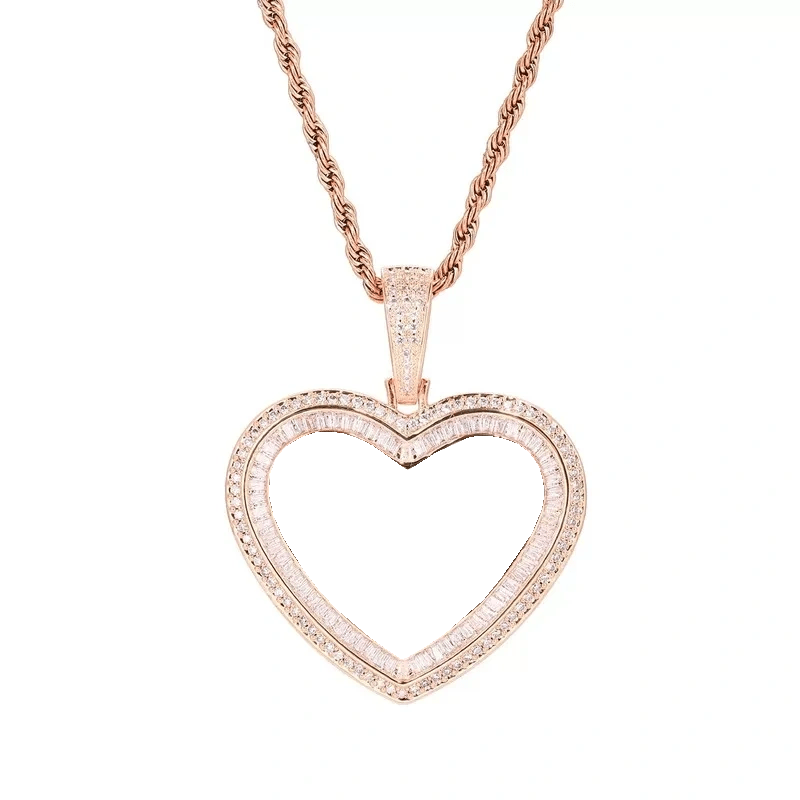 Rose Gold Custom Photo Heart T - Shaped Diamond Pendant - 42mm - TONGSHOP / Length:16 / Length:18