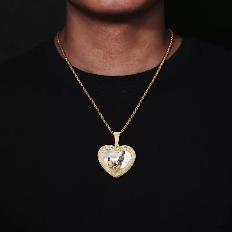 Rose Gold Custom Photo Heart T-Shaped Diamond Pendant - 42mm