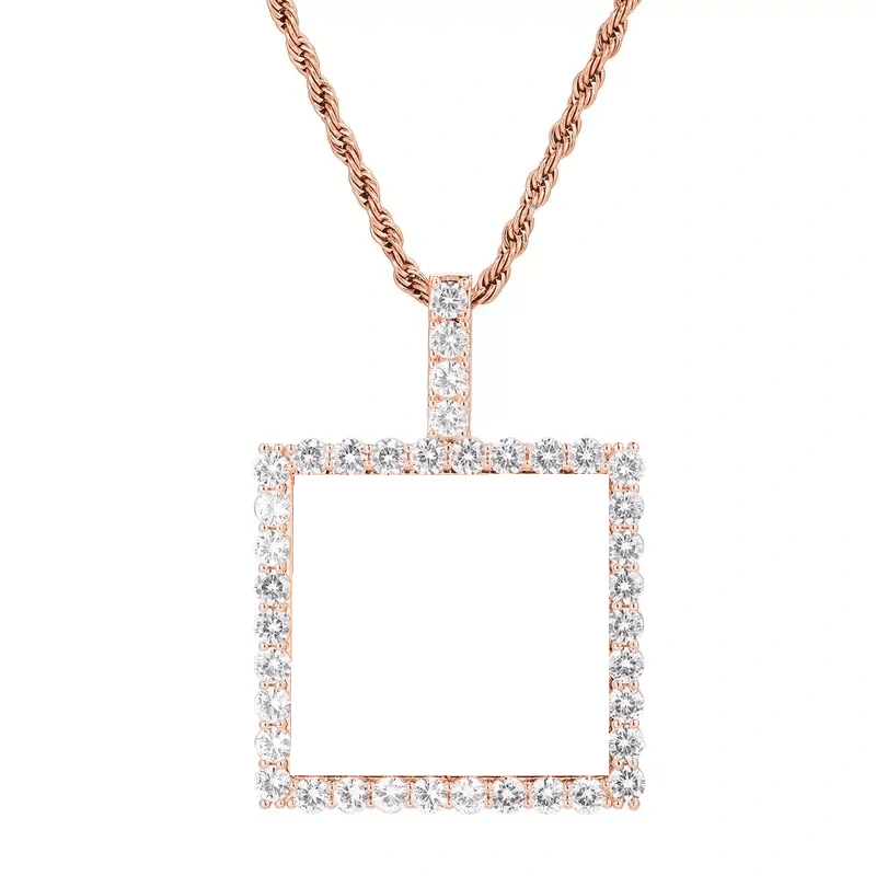 Rose Gold Custom Photo Square Pendant - 40mm - TONGSHOP / Color:White Gold / Length:16 / Length:18