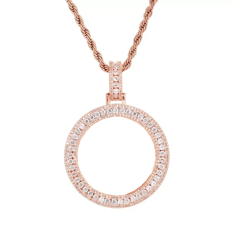 Rose Gold Double Row Micro-Inlaid 3D Custom Photo Round Pendant - 40mm - TONGSHOP / Length:18