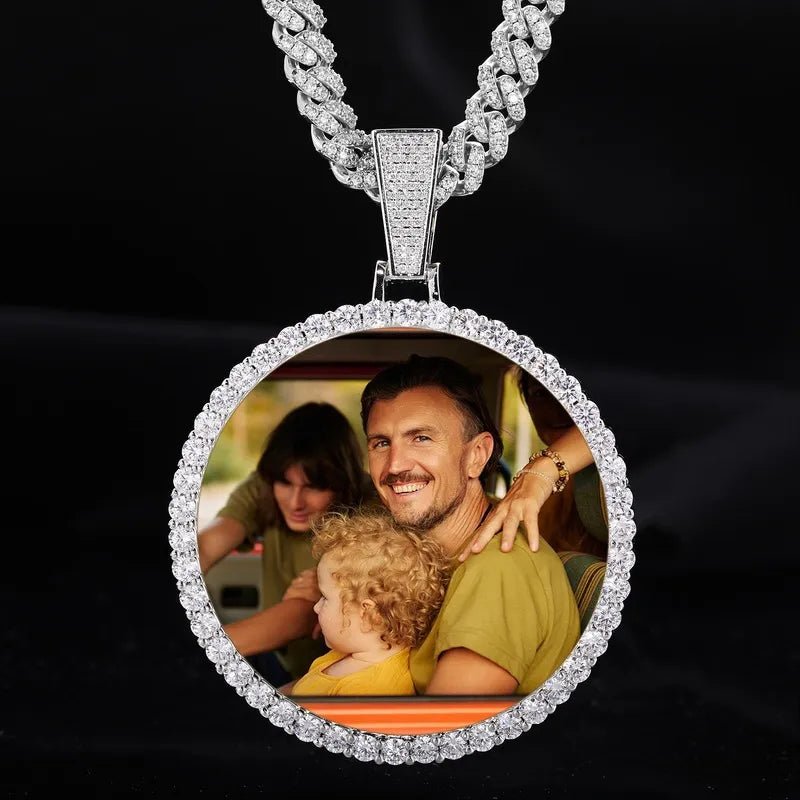 Rose Gold Large 3D Custom Photo Micro - Inlaid Round Pendant - 70mm - TONGSHOP / Color:White Gold / Length:16 / Length:18