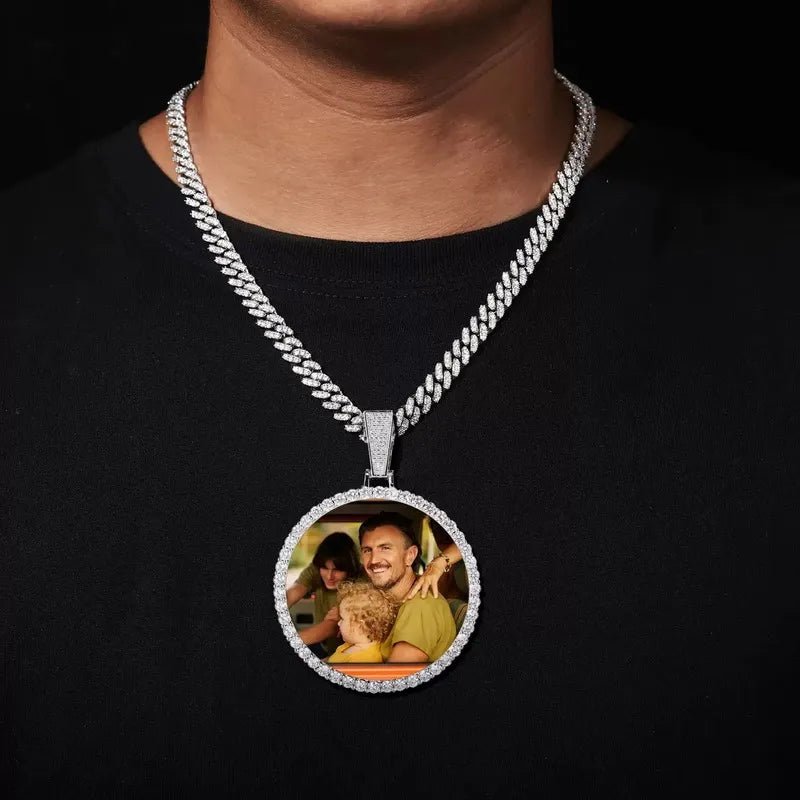 Rose Gold Large 3D Custom Photo Micro - Inlaid Round Pendant - 70mm - TONGSHOP / Color:White Gold / Length:16 / Length:18