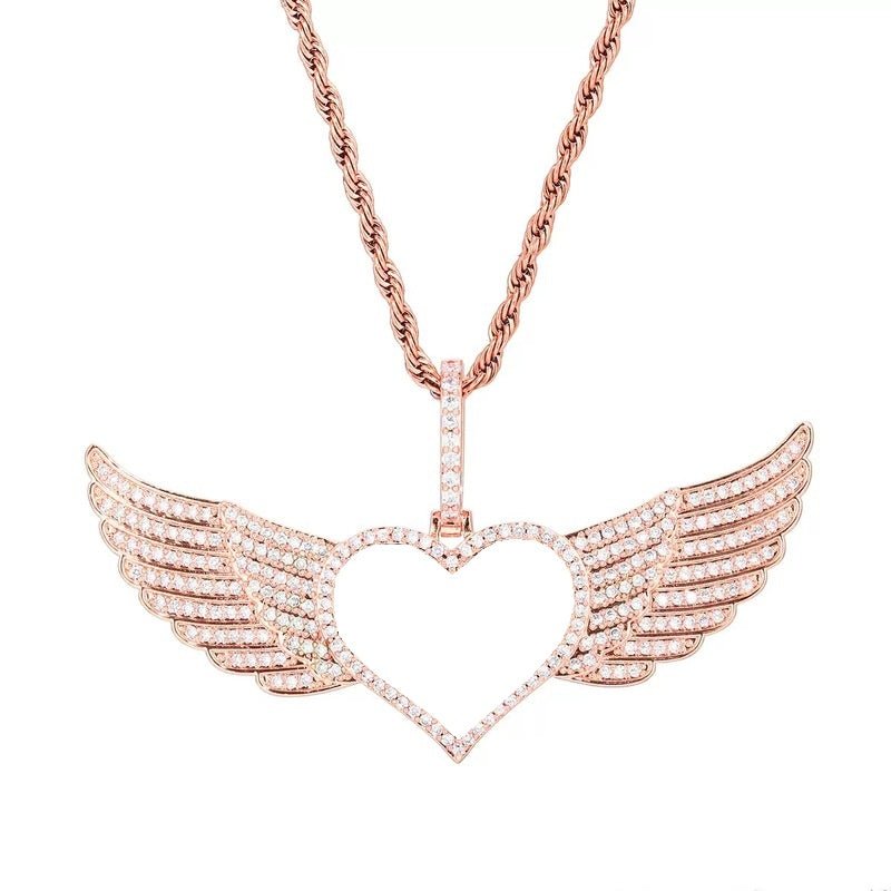 Rose Gold Large Angel Wings Photo Custom Heart Pendant - 80mm - TONGSHOP / Color:White Gold / Length:16 / Length:18
