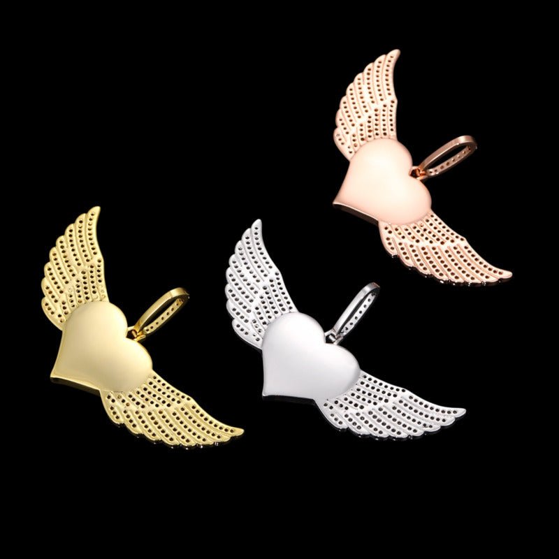 Rose Gold Large Angel Wings Photo Custom Heart Pendant - 80mm - TONGSHOP / Color:White Gold / Length:16 / Length:18