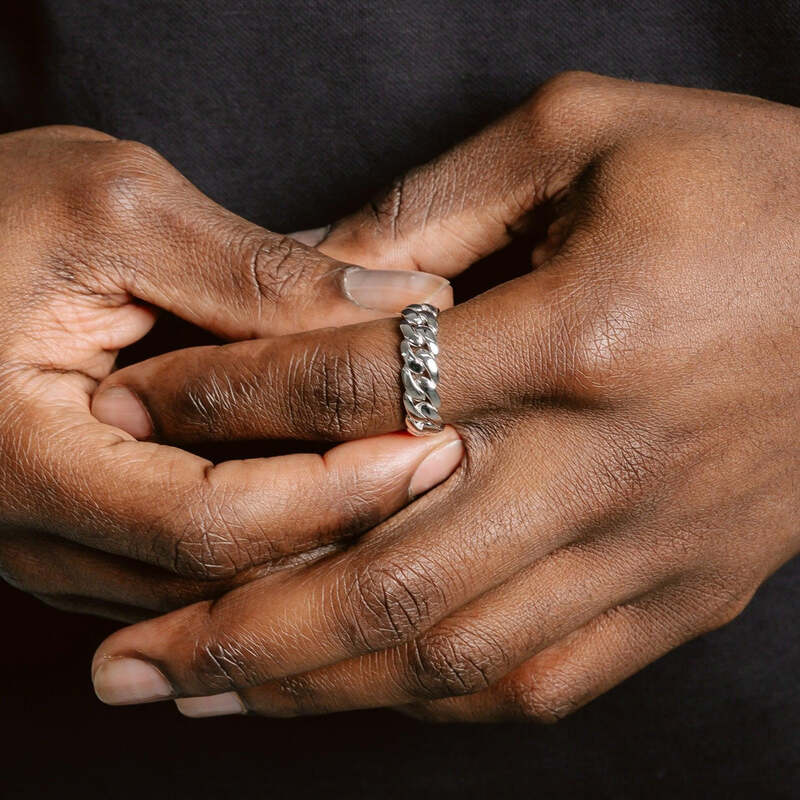 S925 Cuban Link Ring in White Gold - 7mm - TONGSHOP / Length:7 / s925