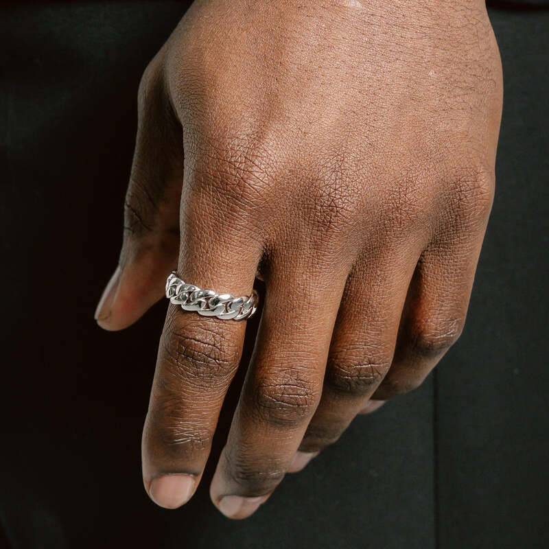 S925 Cuban Link Ring in White Gold - 7mm - TONGSHOP / Length:7 / s925