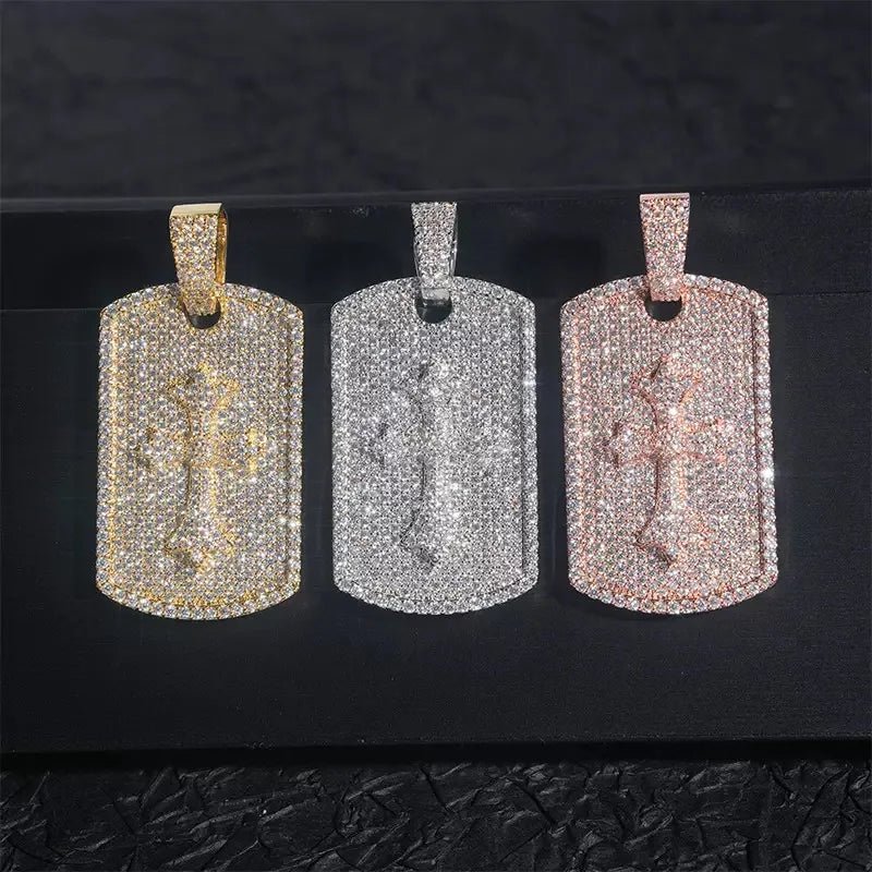 S925 & Moissanite Iced Cross Dog Tag Pendant - 26mm - TONGSHOP / Color:White Gold / Length:16 / Length:18