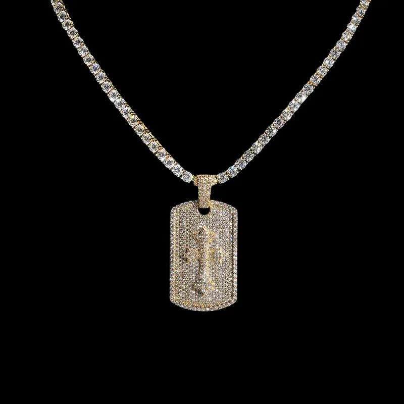 S925 & Moissanite Iced Cross Dog Tag Pendant - 26mm - TONGSHOP / Color:White Gold / Length:16 / Length:18