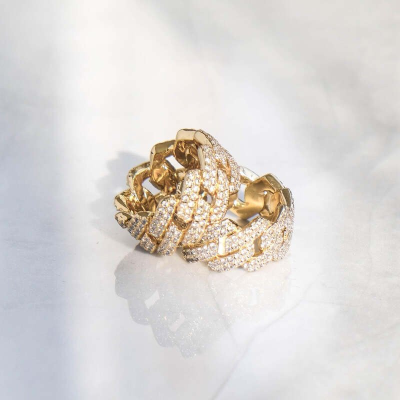 S925 VVS Moissanite Prong Cuban Ring In Yellow Gold - 14mm - TONGSHOP / S925 VVS Moissanite Prong Cuban Ring - 14mm / Size:6