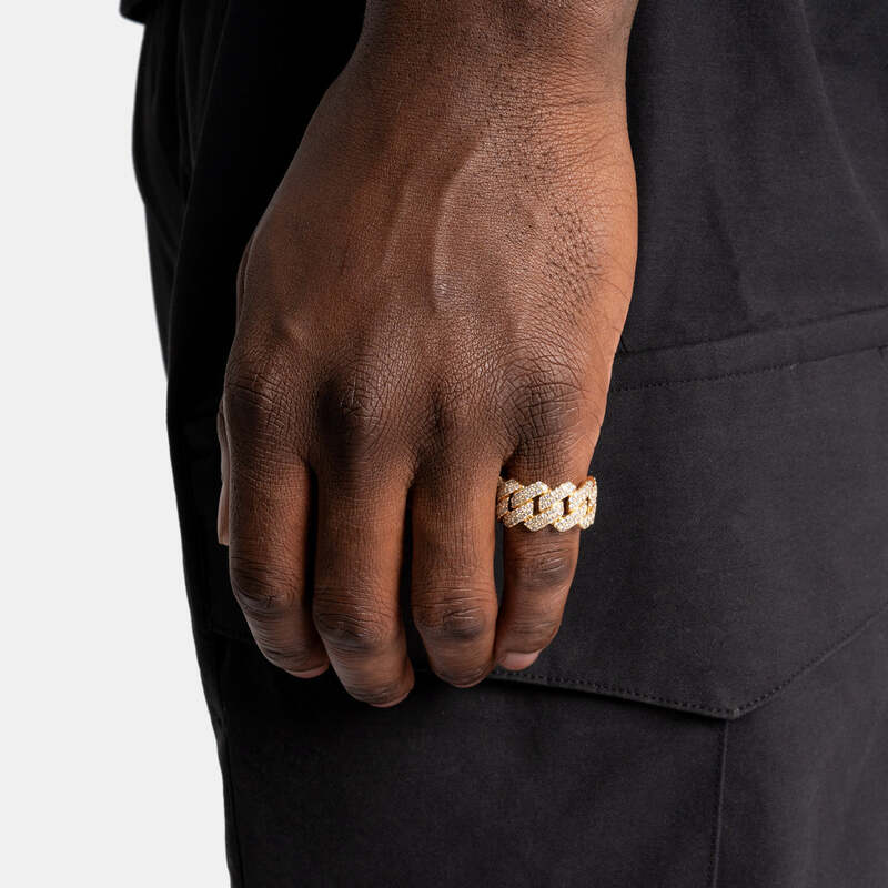 S925 VVS Moissanite Prong Cuban Ring In Yellow Gold - 14mm - TONGSHOP / S925 VVS Moissanite Prong Cuban Ring - 14mm / Size:6