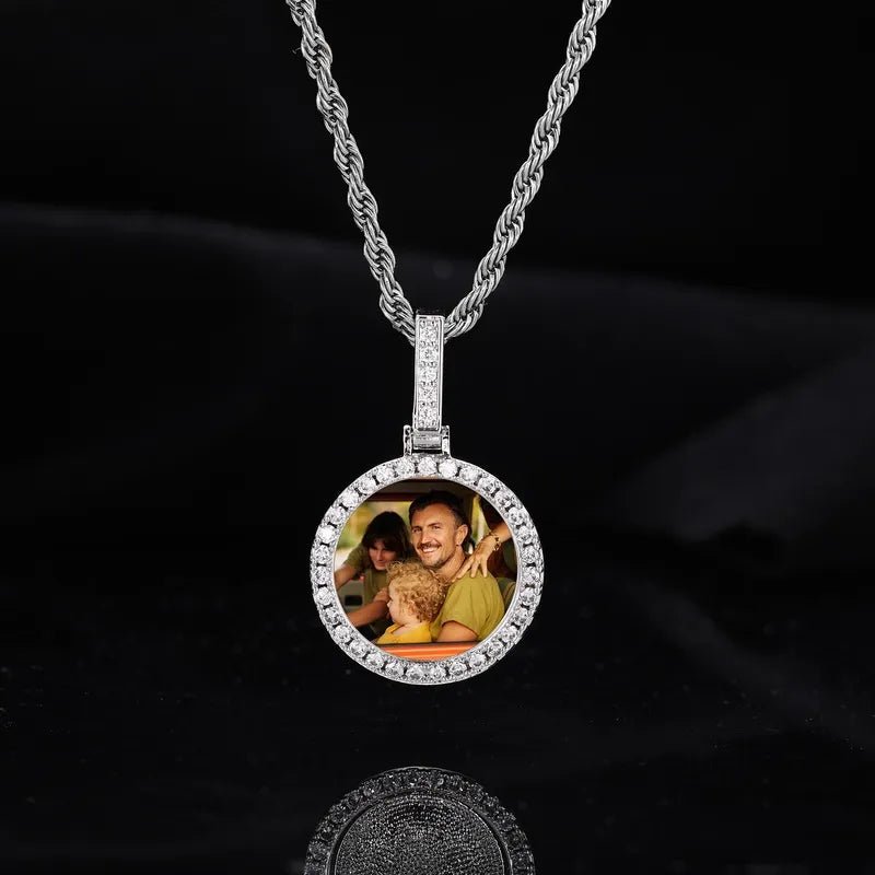 18k Gold Small Custom Photo Micro - Set Round Pendant - 25mm - TONGSHOP / Color:White Gold / Length:16 / Length:18