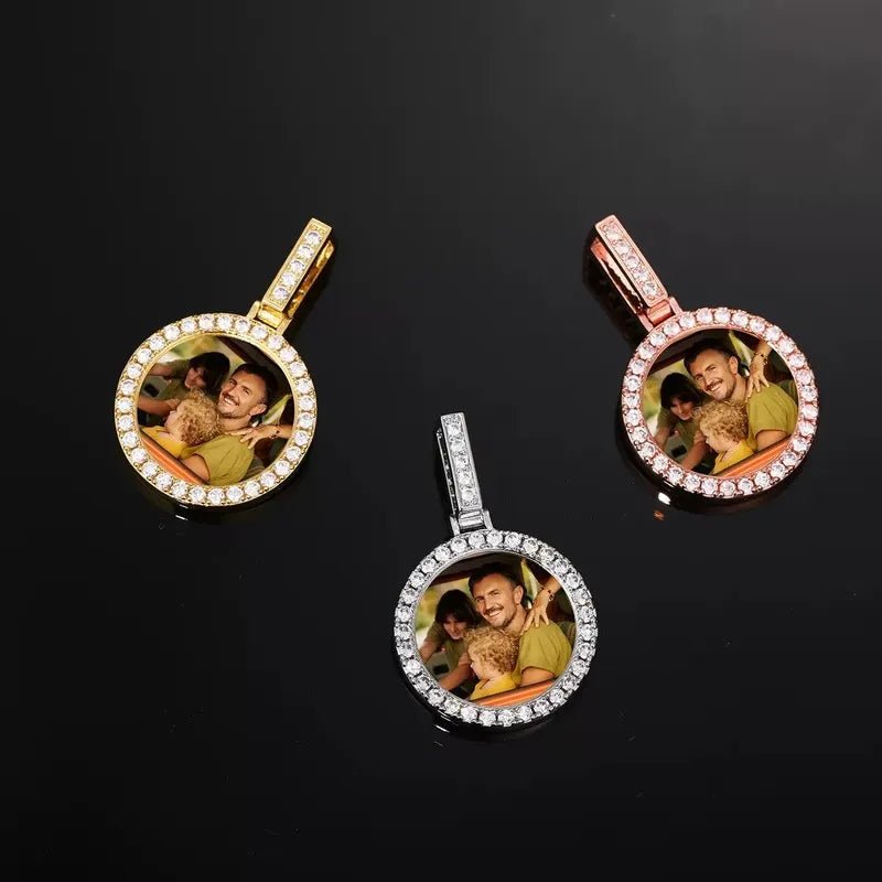 18k Gold Small Custom Photo Micro - Set Round Pendant - 25mm - TONGSHOP / Color:White Gold / Length:16 / Length:18