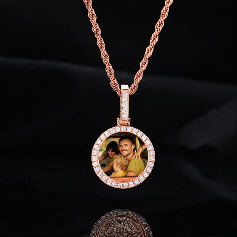 18k Gold Small Custom Photo Micro - Set Round Pendant - 25mm - TONGSHOP / Color:White Gold / Length:16 / Length:18