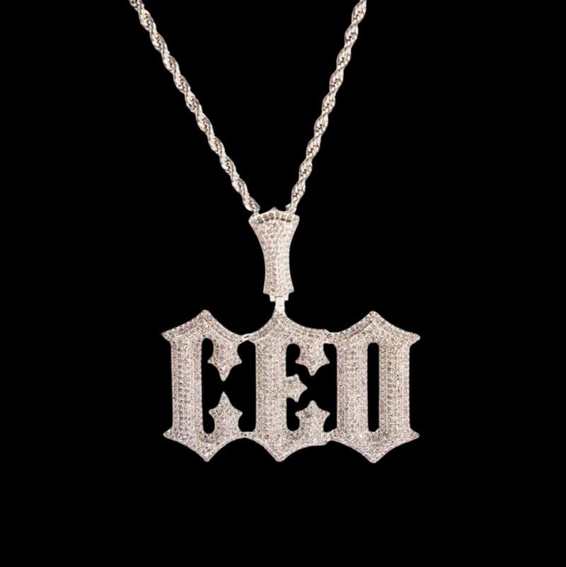 Necklace with 'CEO' pendant on a black background