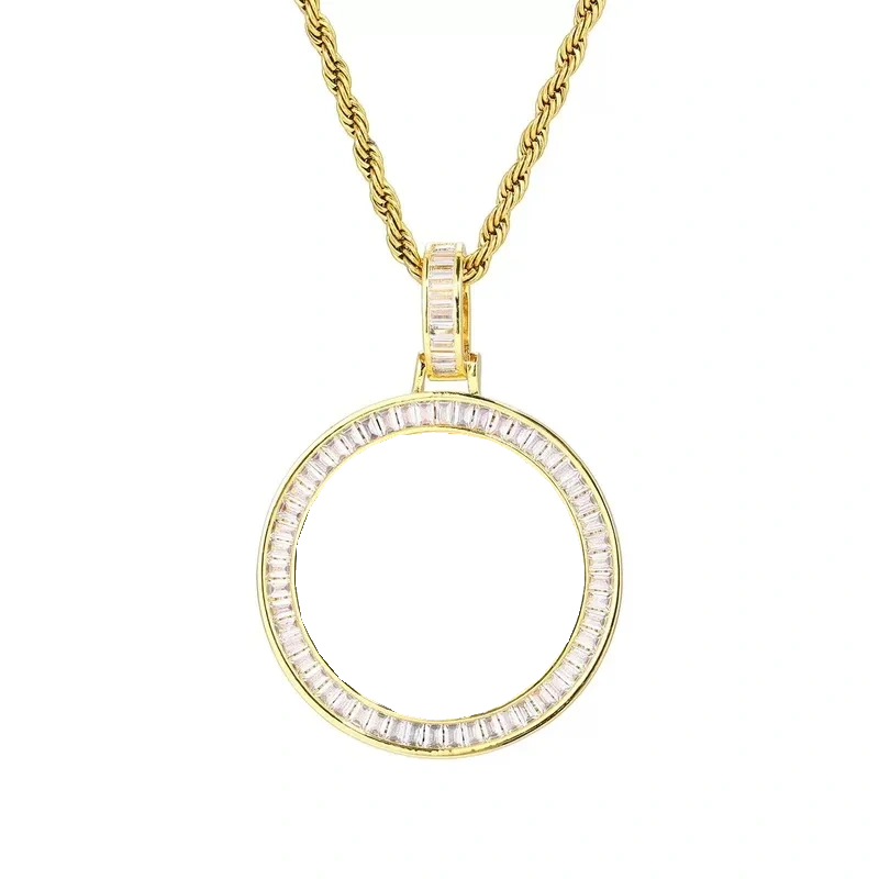 T-square Micro-inlaid Customized Photo Round Pendant in 18k Gold - 38mm
