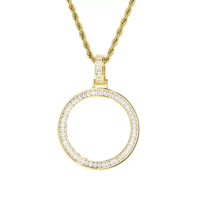 T-square Micro-inlaid Customized Photo Round Pendant in 18k Gold - 38mm - TONGSHOP