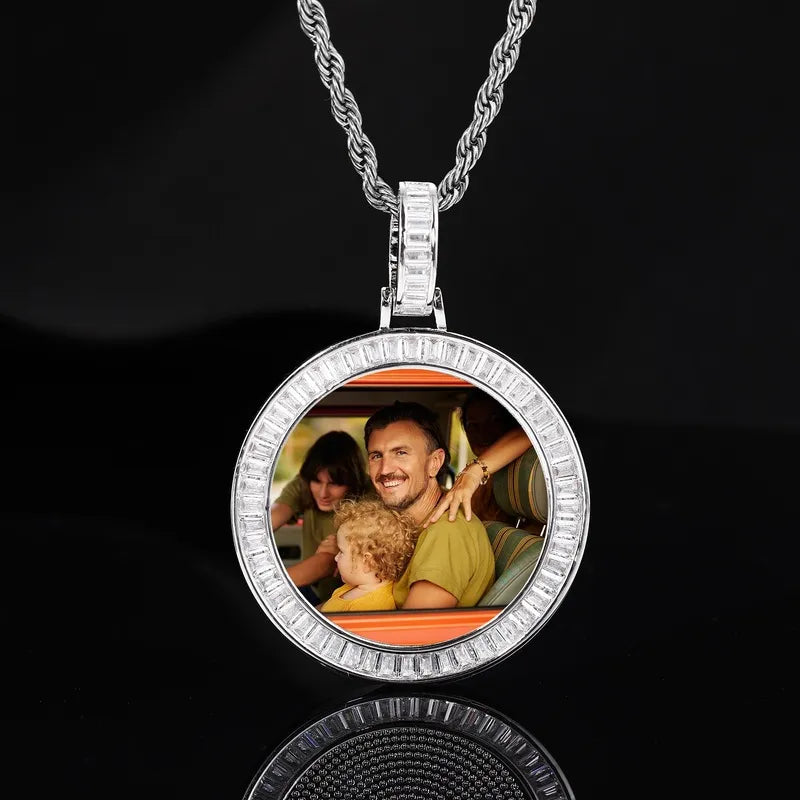 T-square Micro-inlaid Customized Photo Round Pendant in 18k Gold - 38mm