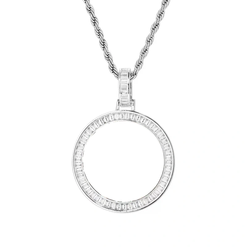 T-square Micro-inlaid Customized Photo Round Pendant in 14k Gold - 38mm