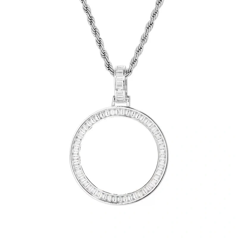 T-square Micro-inlaid Customized Photo Round Pendant in 14k Gold - 38mm - TONGSHOP