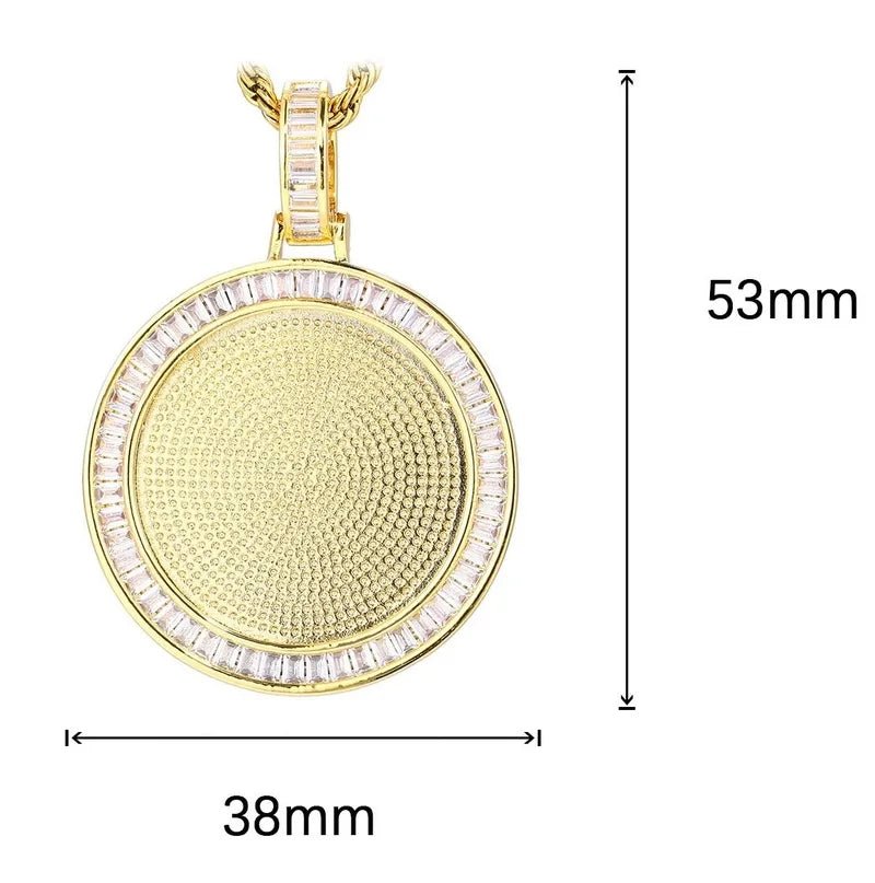 T-square Micro-inlaid Customized Photo Round Pendant in 14k Gold - 38mm - TONGSHOP