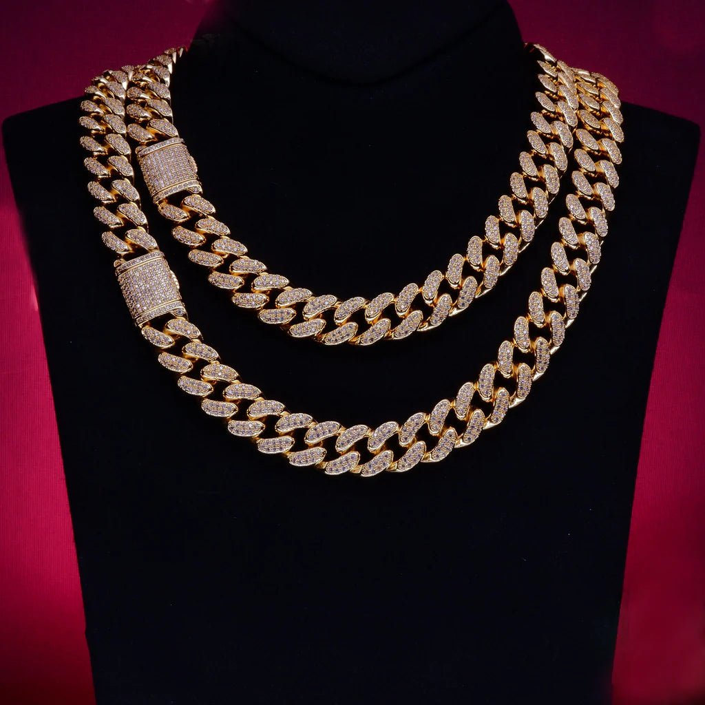 Buckle Iced Cuban Link Chain in Yellow Gold - 14mm - TONGSHOP