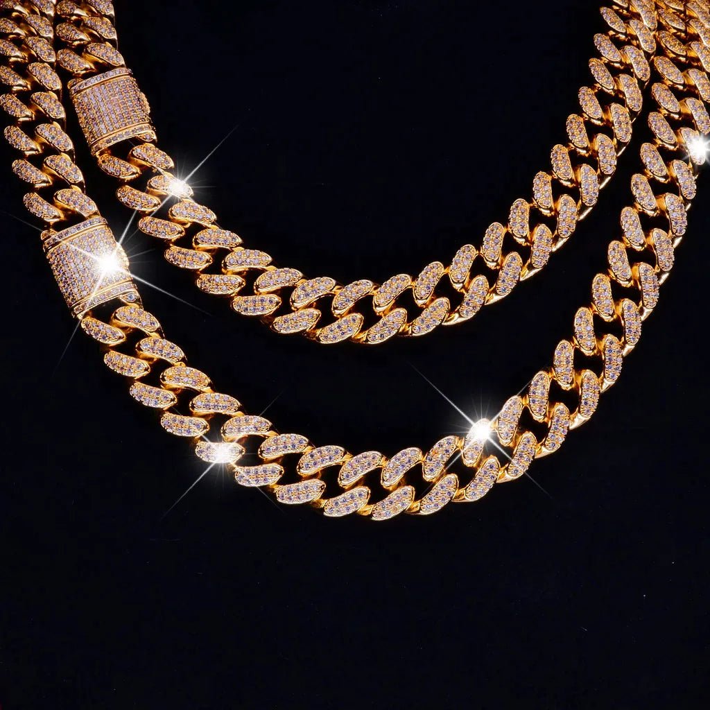 Buckle Iced Cuban Link Chain in Yellow Gold - 14mm - TONGSHOP