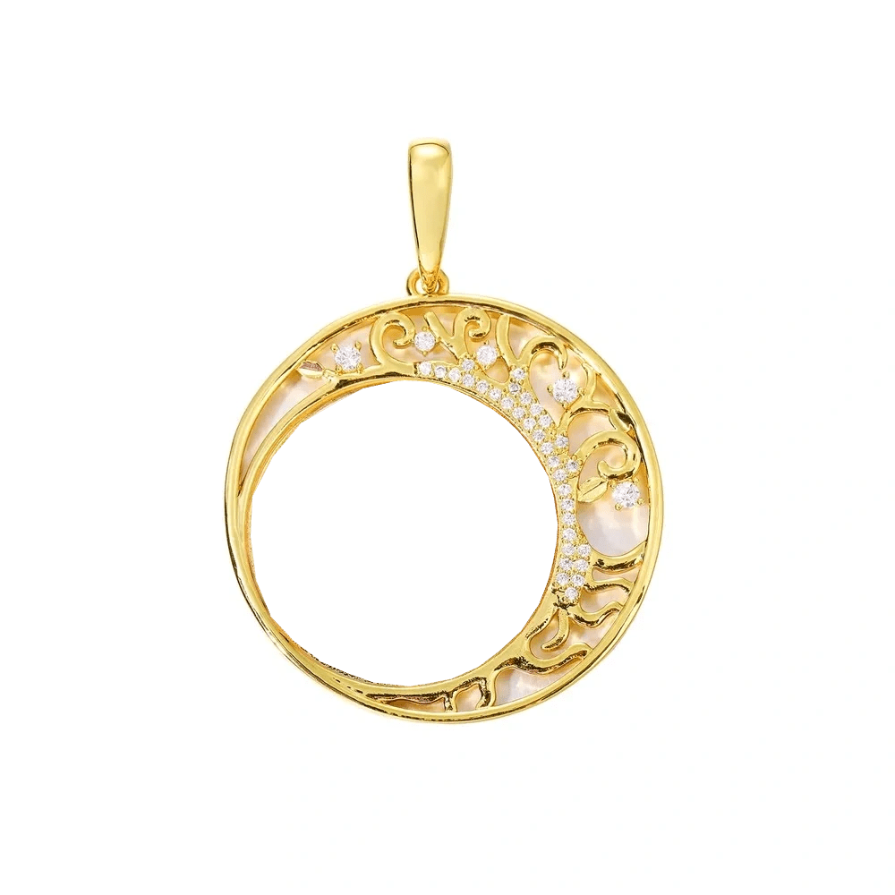 Crescent Moon Flower Memory Custom Photo Round Pendant - 42mm - TONGSHOP / Length:16 / Length:18