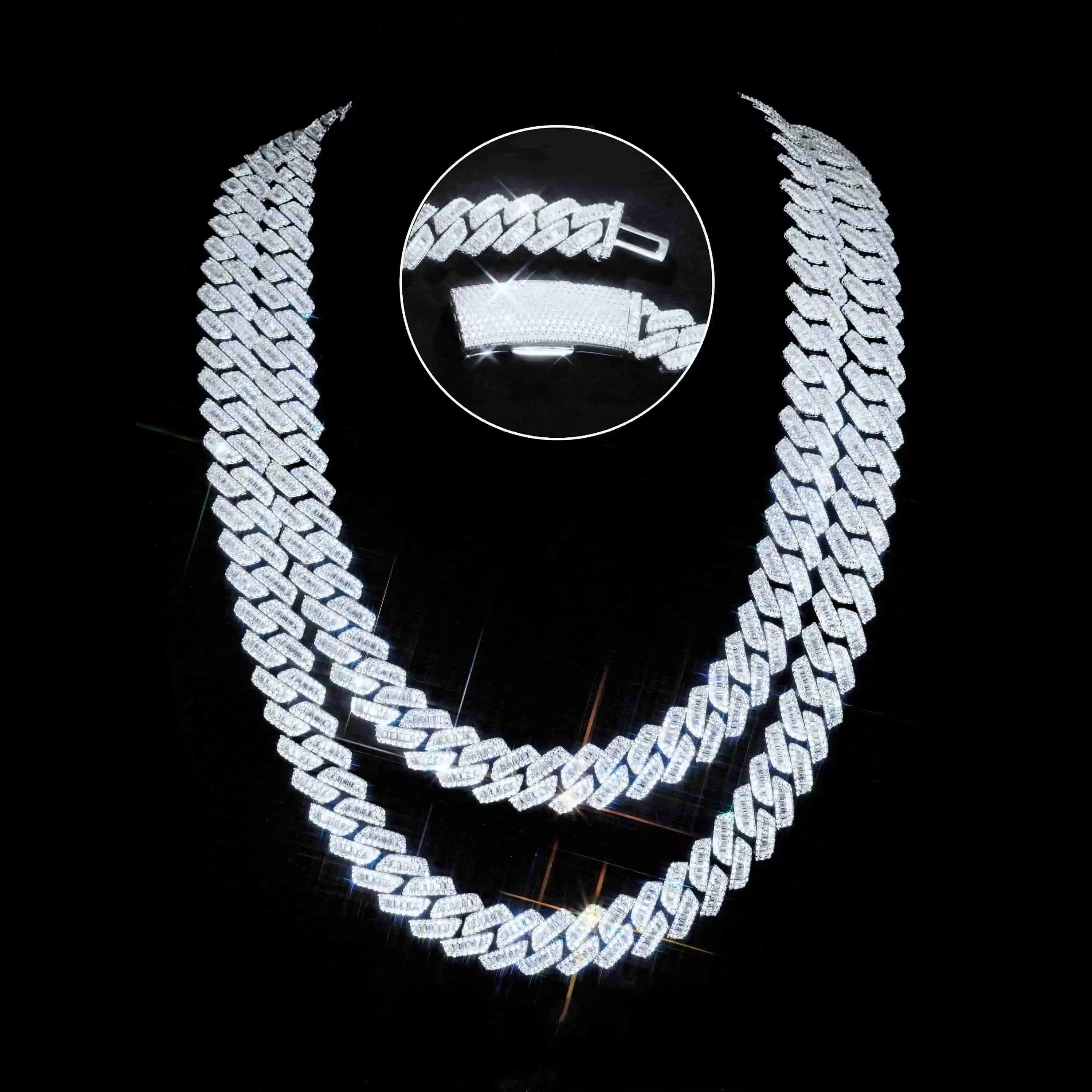 Curved Clasp Baguette Prong Cuban Chain - 13mm - TONGSHOP