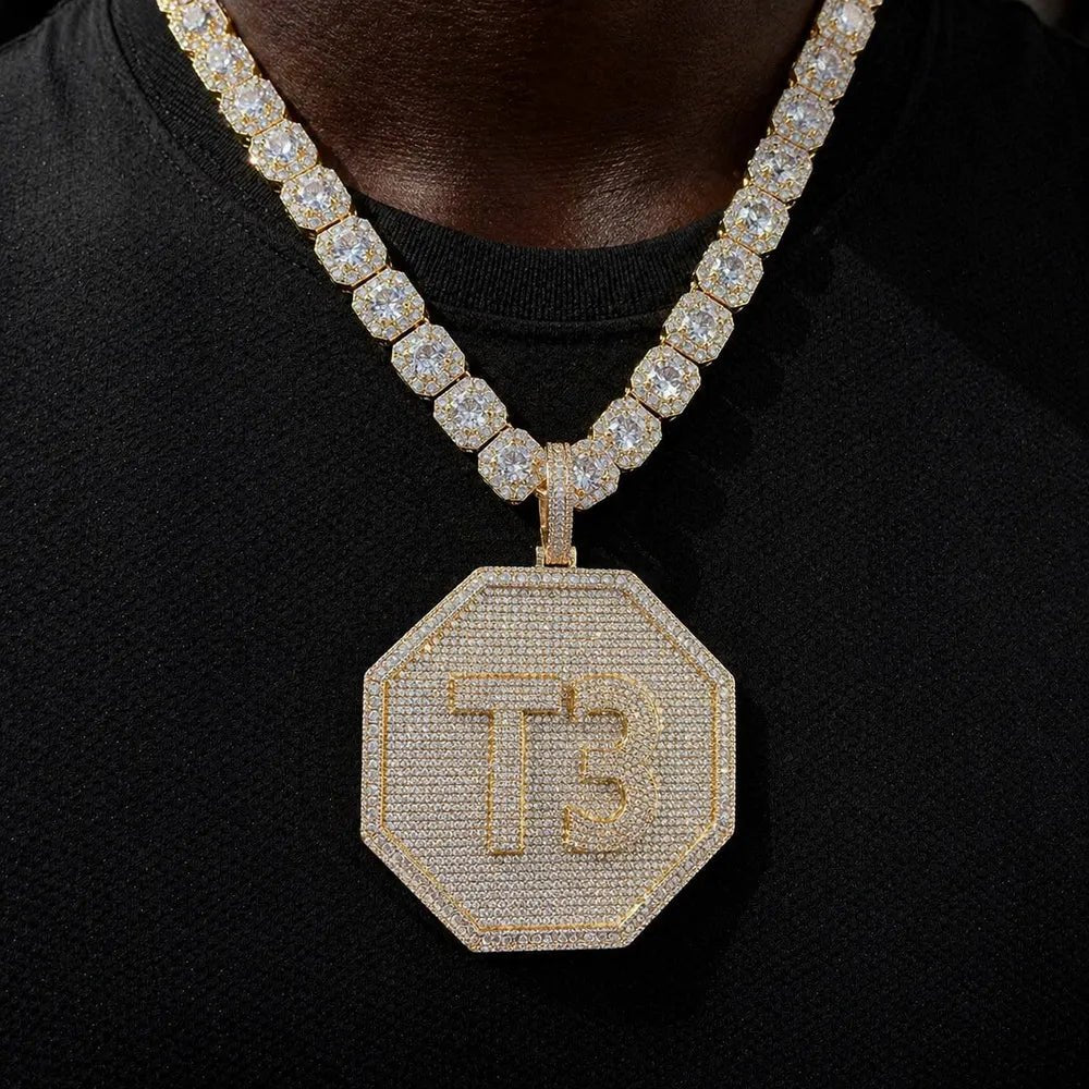 Custom 3D Iced - Out Letter Large Octagonal Pendant – 80mm - TONGSHOP / Length:16 / Length:18