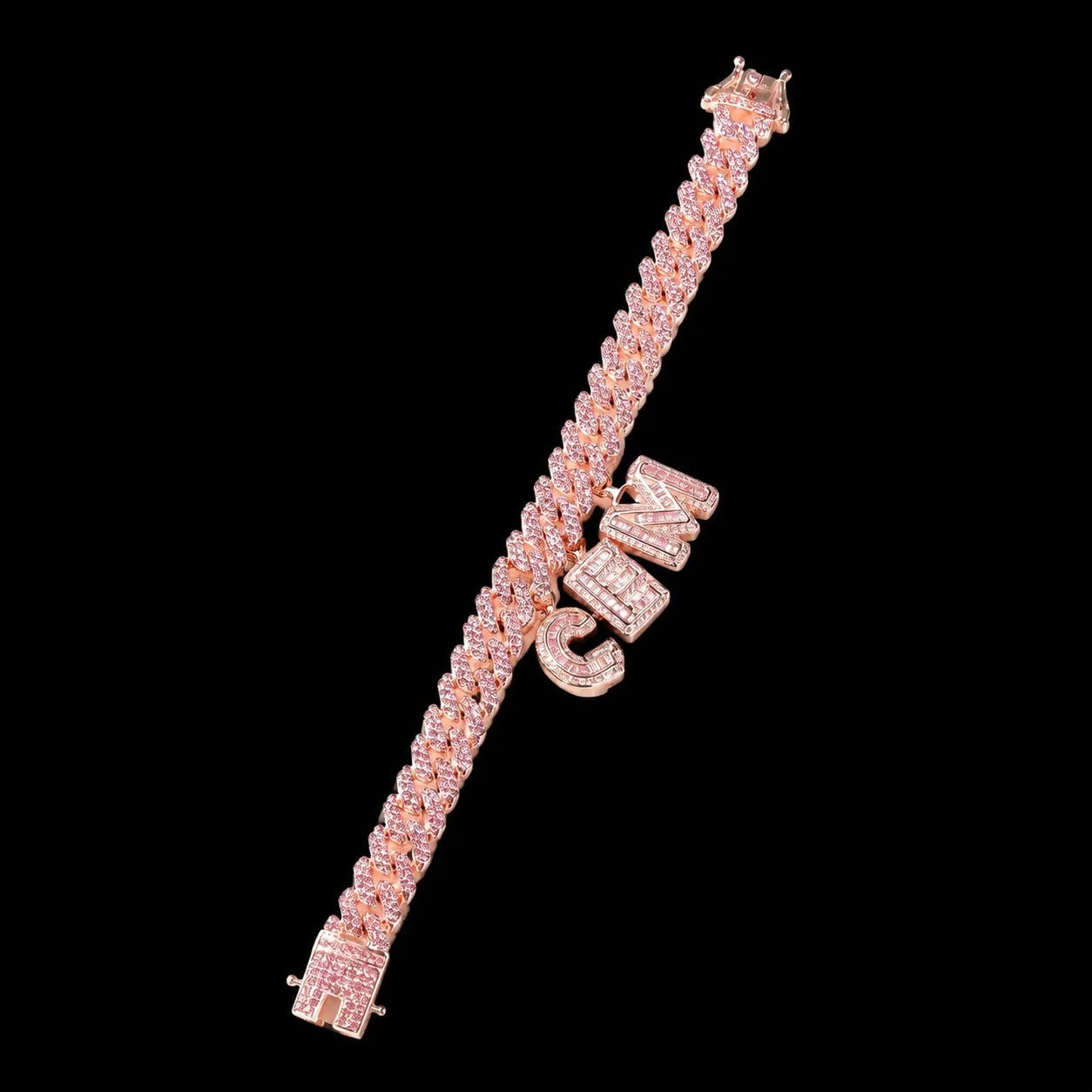 Custom Spliced - Letter Iced Cuban Chain in Rose Gold - 12mm - TONGSHOP / Length:16 / Length:18