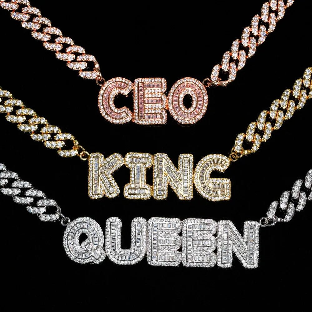 Custom Spliced - Letter Iced Cuban Chain in White Gold - 9mm - TONGSHOP / Length:16 / Length:18