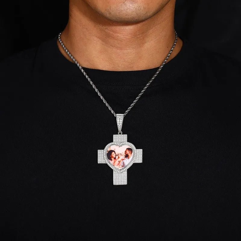 Customized 3D Heart Cross Photo Pendant - 48mm - TONGSHOP / Length:16 / Length:18