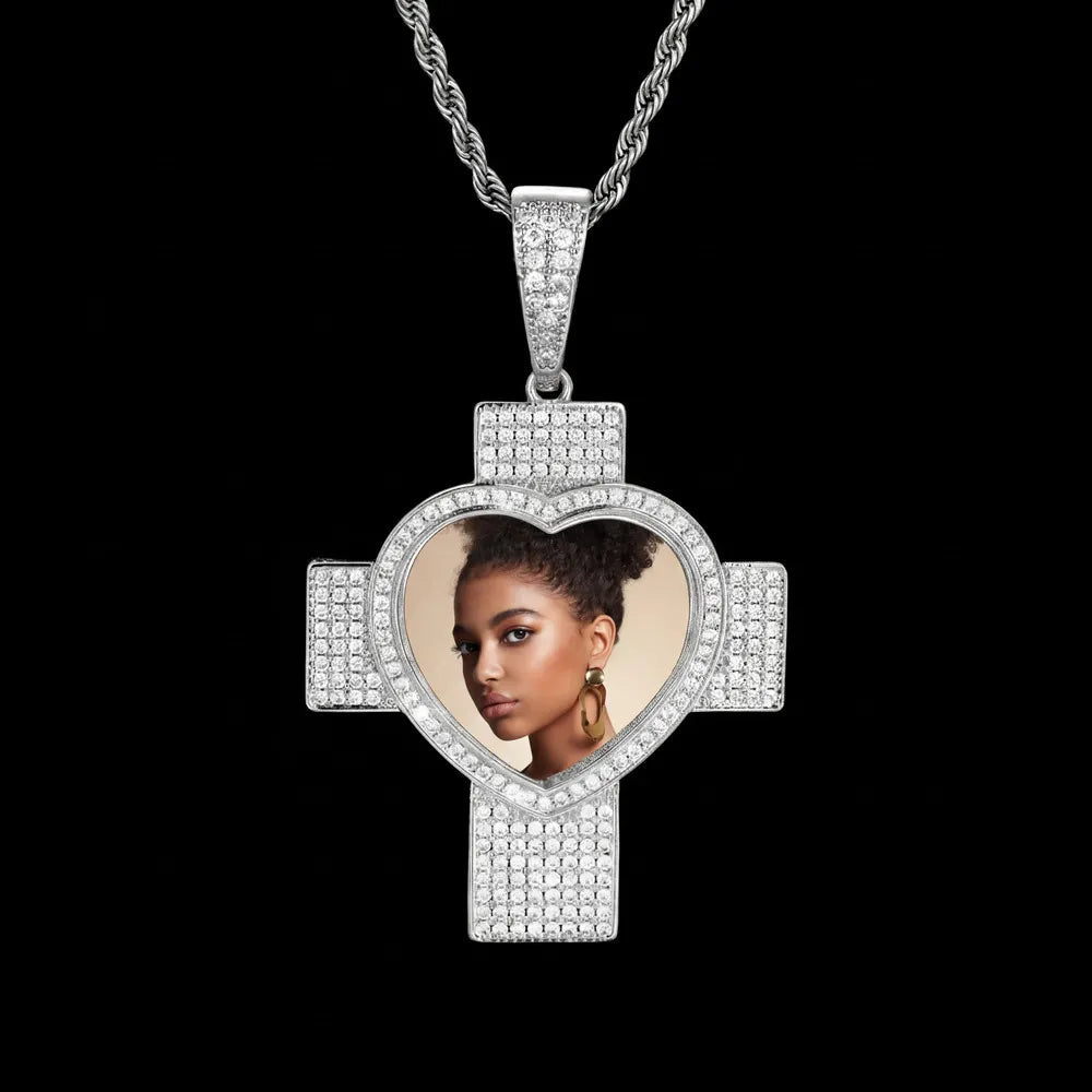Customized 3D Heart Cross Photo Pendant - 48mm - TONGSHOP / Length:16 / Length:18