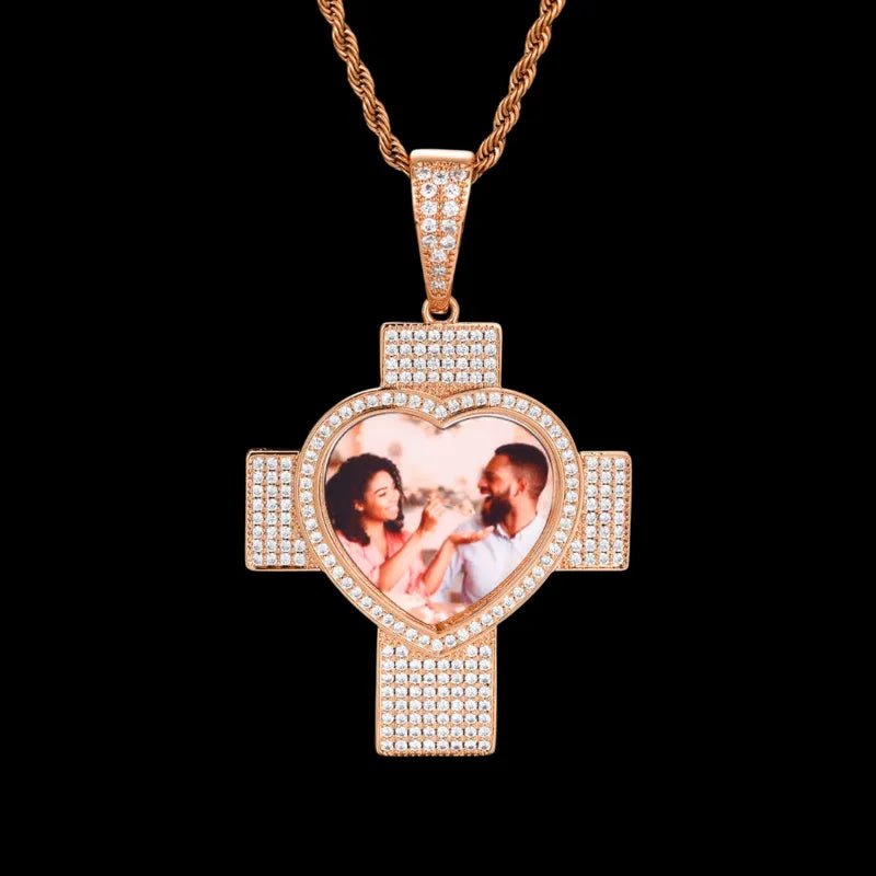 Customized 3D Heart Cross Photo Pendant - 48mm - TONGSHOP / Length:16 / Length:18