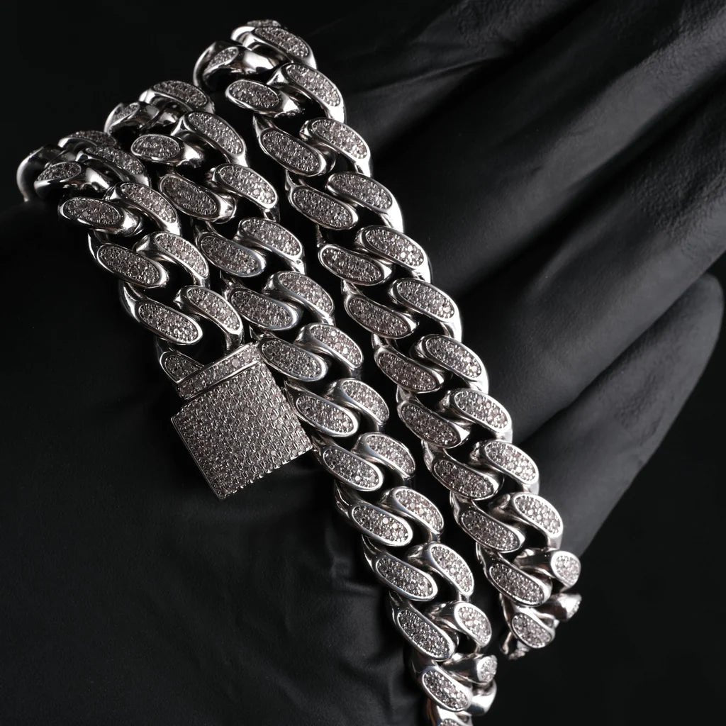 Diamond Iced Cuban Chain in White Gold - 12mm - TONGSHOP
