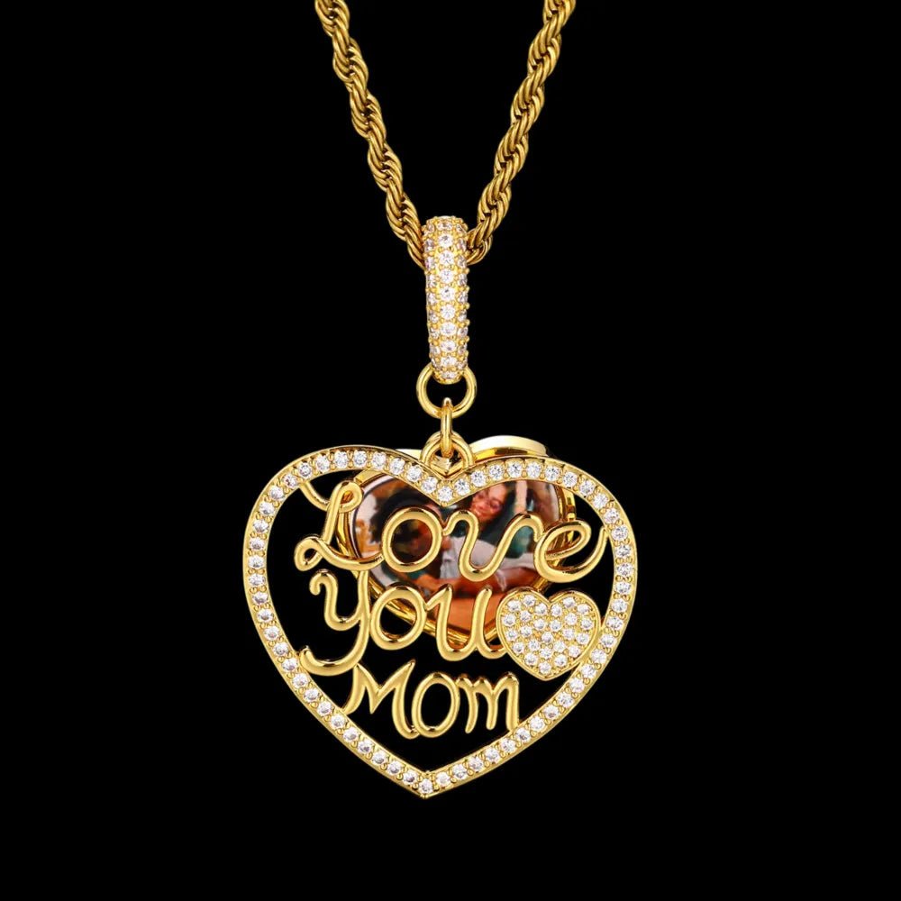 Engraved "LOVE YOU MOM" Memory Customized Photo Heart Pendant - 37mm - TONGSHOP / Length:16 / Length:18