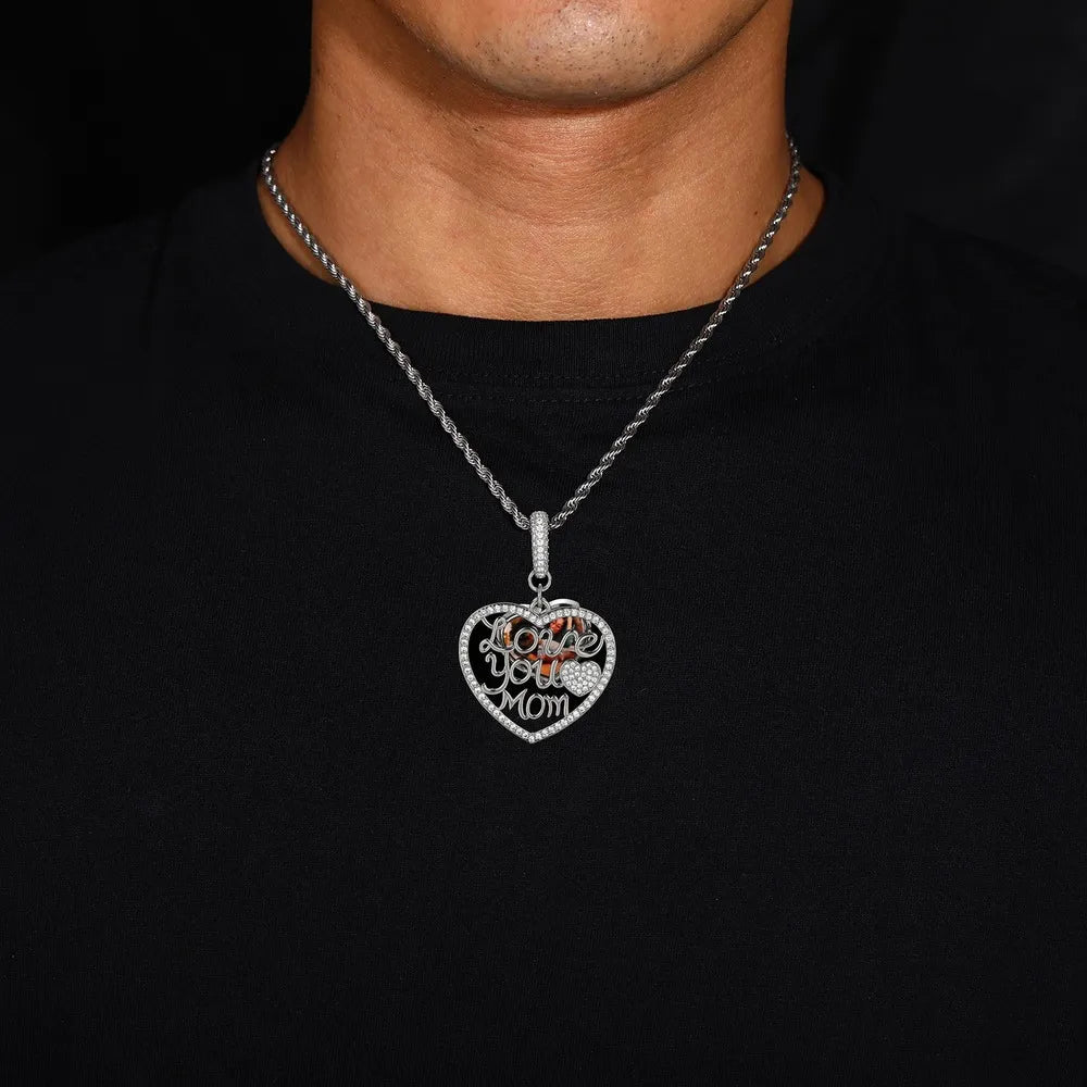 Engraved "LOVE YOU MOM" Memory Customized Photo Heart Pendant - 37mm - TONGSHOP / Length:16 / Length:18