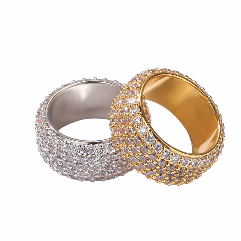Five - Row Full Diamond Encrusted Hip - Hop Ring in 18K Gold Plating - TONGSHOP