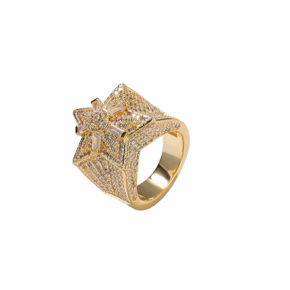 Full Diamond Pentagram Hip - Hop Ring in 18K Gold Plating - TONGSHOP