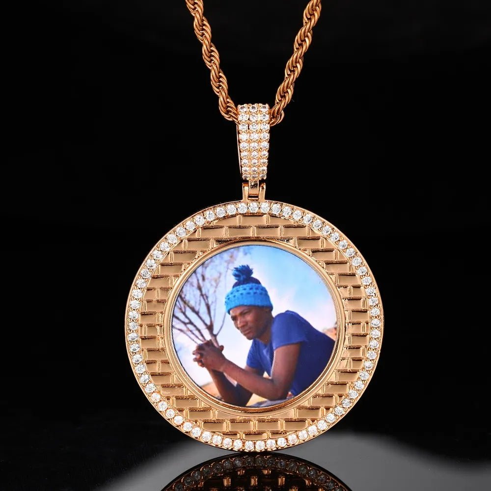Gold Brick Engraved Memory Photo Custom Round Pendant - 46mm - TONGSHOP / Length:16 / Length:18