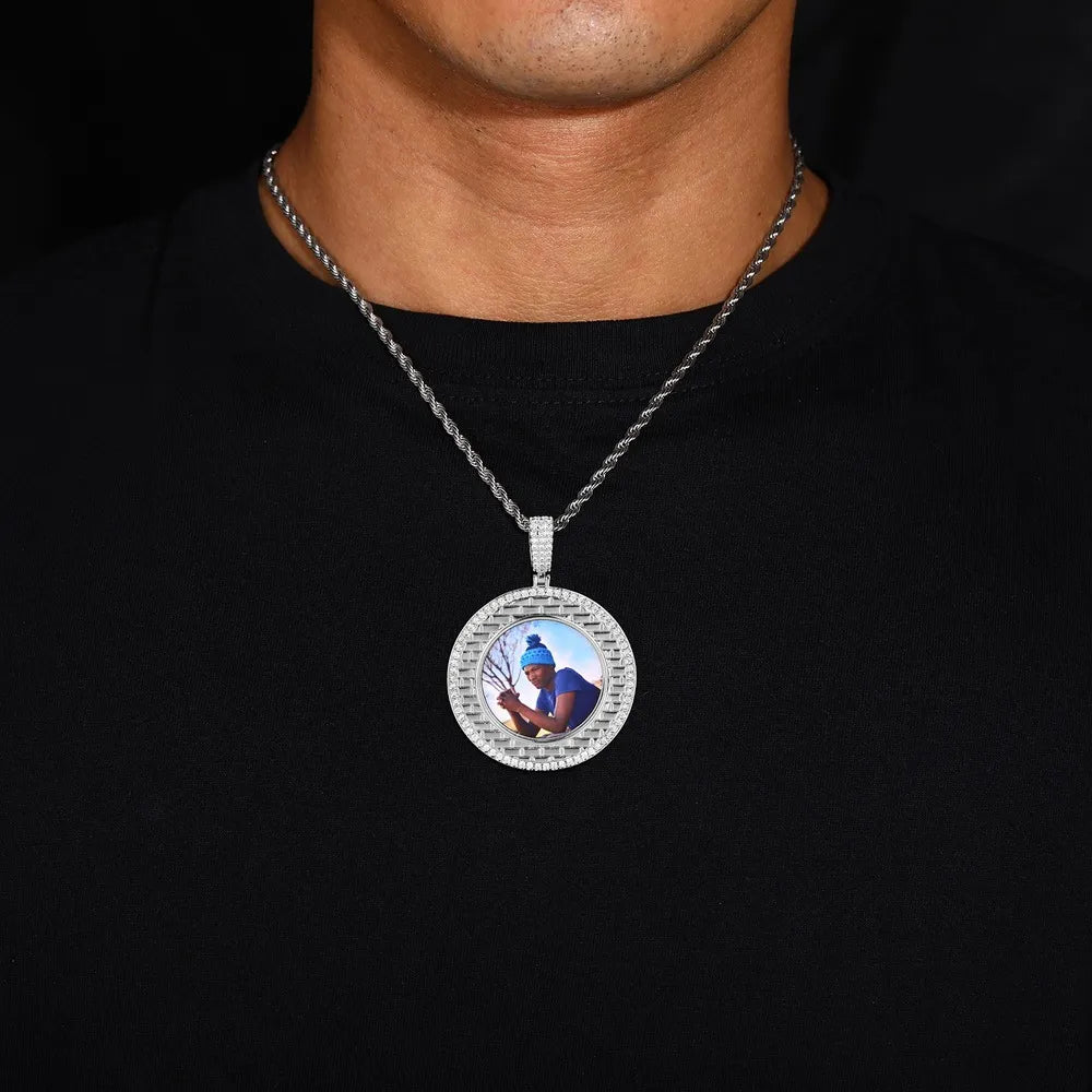 Gold Brick Engraved Memory Photo Custom Round Pendant - 46mm - TONGSHOP / Length:16 / Length:18