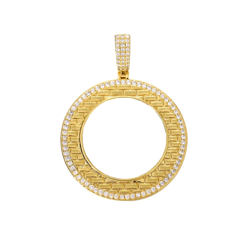Gold Brick Engraved Memory Photo Custom Round Pendant - 46mm - TONGSHOP / Length:16 / Length:18