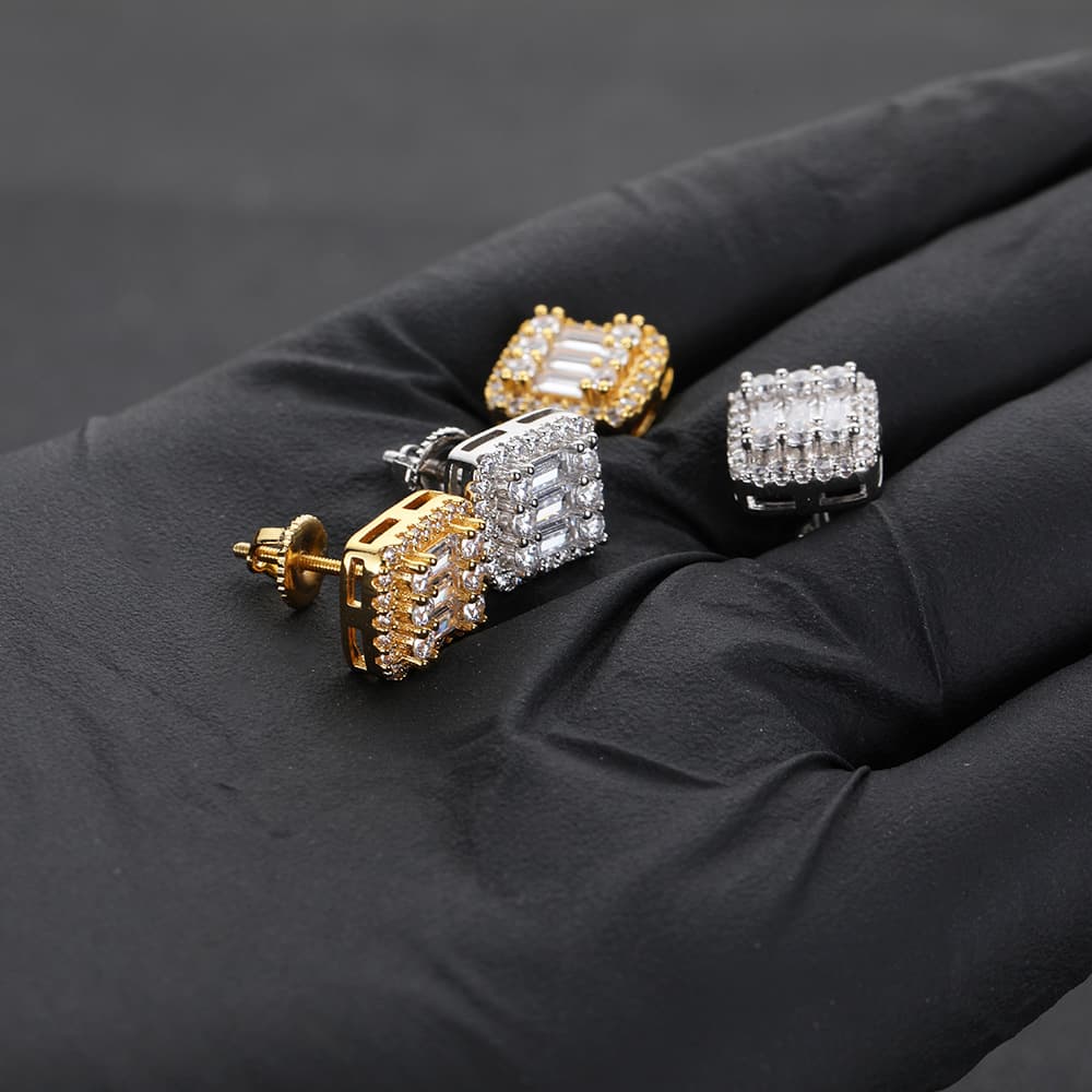 Gold - Plated Square Hip - Hop T - Diamond Stud Earrings - TONGSHOP
