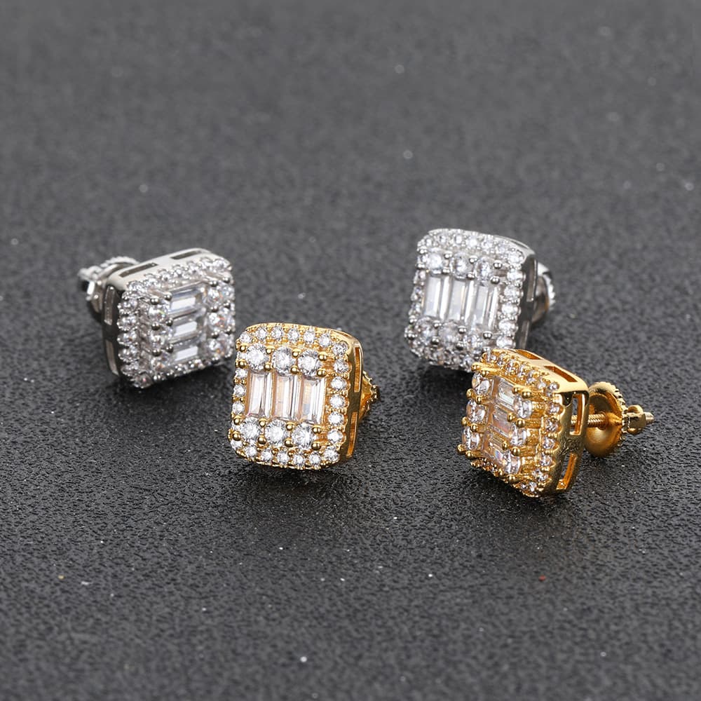 Gold - Plated Square Hip - Hop T - Diamond Stud Earrings - TONGSHOP