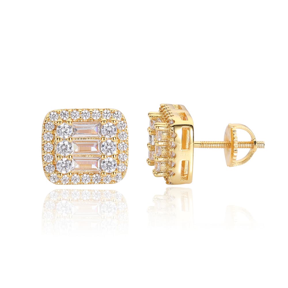 Gold - Plated Square Hip - Hop T - Diamond Stud Earrings - TONGSHOP
