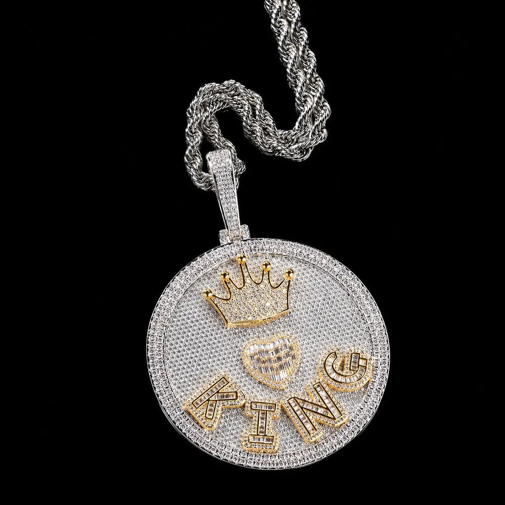 Iced - Out Crown & Heart Custom 3D Letter Large Round Pendant - 80mm - TONGSHOP / Length:16 / Length:18